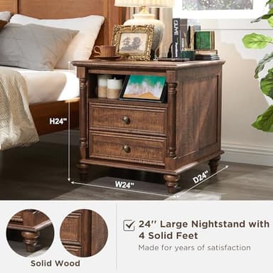 T4TREAM 24'' Farmhouse End Table w/4 Solid Wood Feet, Large 2 Drawers Wide Sofa Side Table with Charging Station, Tall Rustic Wood Square Nightstand for Living Room, Bedroom, Office,Reclaimed Barnwood - Image 2