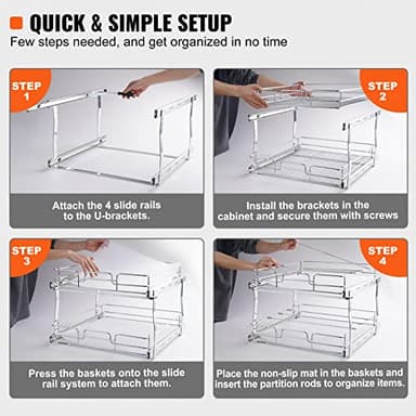VEVOR 2 Tier 18.7"Wx21"Dx3.2"H Pull Out Cabinet Organizer, Heavy Duty Slide Out Pantry Shelves, Steel Roll Out Drawers, Sliding Drawer Storage for Home, 21.5"Wx22.5"Dx19"H Install Size for Cabinet - Image 7