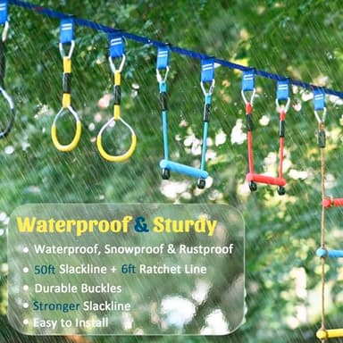 Ninja Warrior Obstacle Course for Kids, 2×56ft Slackline Kit with 8 Ninja Accessories - Monkey Bar, Rope Ladder, Gymnastic Ring, Arm Trainer and Monkey Fist - Image 3