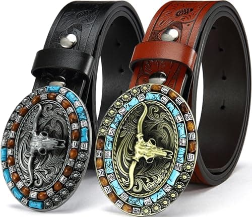 DOOPAI Men's Western Cowboy Belt –2 pack Longhorn Bull Pattern Buckle with Printed Engraving, Adjustable Strap, Fits Jeans - Image 1