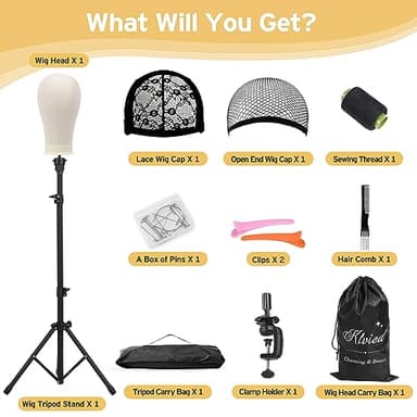 Klvied Reinforced Wig Mannequin Stand with Head, Dual-use 22 Inch Canvas Wig Head Display, Adjustable Clamp Wig Holder, Manikin Head Set for Cosmetology Hairdressing Training with Carrying Storage Bag - Image 8