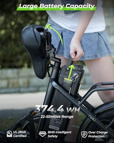 isinwheel U4 16" Folding Electric Bike for Adults, 750W Peak Motor with Max 55Miles PAS Range & 19MPH EBike, 374.4Wh Battery Electric Bicycles Step-Thru Commuter E Bikes for Adults and Teens - Image 4