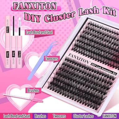 FANXITON DIY Lash Extension Kit Volume Lash Clusters 40D+50D D Curvature Individual Lashes Lash Clusters Kit Thick Eyelash Extension Kit 280 pcs Thin Band Cluster Lashes Lash Bond and Seal Tweezers - Image 2