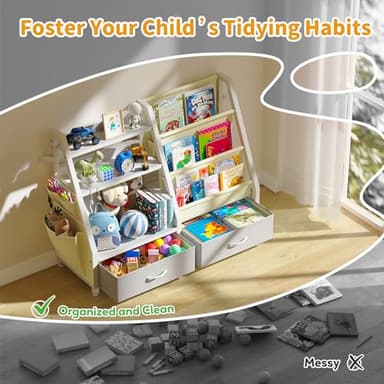 Twinkoo Kids Bookshelf and Toy Organizer, Sturdy 3 Tier Kids Bookcase, Sling Bookshelf and 2 Toy Bins, Toddler Montessori Book Shelf with Toy Storage Organizer for Children Room, Playroom, Nursery - Image 5