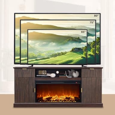 IFGET Modern Fluted Fireplace TV Stand with 36" Electric Fireplace for 80 Inch TV, 31" Tall Entertainment Center with 2 Drawers and Adjustable Shelves, Wood Media Console for Living Room, Brown - Image 4