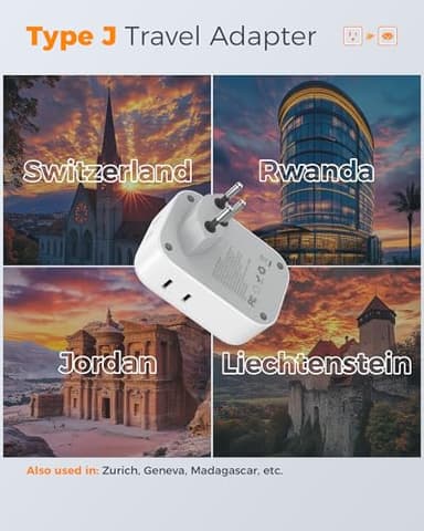 TESSAN Switzerland Travel Plug Adapter, Type J Switzerland Power Adapter with 4 Outlets 3 USB (2 USB-C), Swiss Plug for US to Rwanda Jordan Liechtenstein Madagascar, Travel Essentials - Image 2