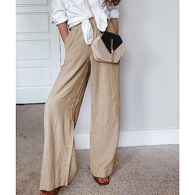 Duyang Womens Cotton Linen Palazzo Pants Drawstring Elastic Waist Casual Wide Leg Trousers with Pockets(Khaki,L) - Image 3