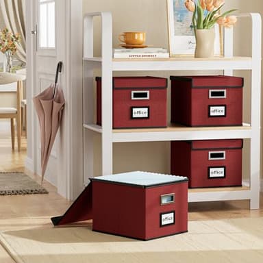 Huolewa Upgraded File Storage Organizer Box with lid, Decorative Small File Oragnizer Box for Hanging File, Linen Filing Box Cabinet with Plastic Slides for Office/Decor/Home Organization - Image 2