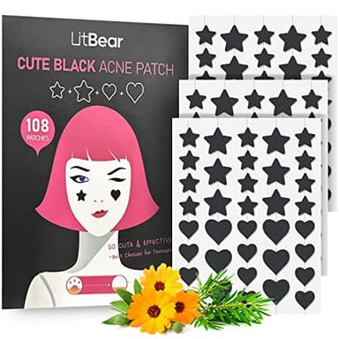 LitBear Acne Patch Pimple Patch, Black Star & Heart Shaped Acne Absorbing Cover Patch, Hydrocolloid Acne Patches For Face Zit Patch Pimple Sticker Acne Dots, Tea Tree Oil + Centella (108 Count) - Image 1