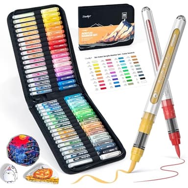 JusArt 36 Colors Acrylic Paint Markers with Canvas Bag, Water-Based Paint Pens with Automatic Ink Control for DIY Halloween Crafts, Waterproof Brush Tip Markers for Pumpkin, Rock, Wood, Fabric, Glass - Image 1