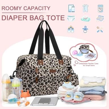 Pritent Diaper Bag Tote - Diaper Baby Bags with Pacifier Case, Shoulder Straps, Stroller Clips, Waterproof Large Mommy Maternity Travel Baby Bag for Mom and Dad, Leopard, Medium - Image 2