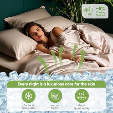 TWK Luxury Sheet Set, Genuine 100% Organic Viscose Derived from Bamboo, Cooling & Breathable, Silky Soft, Bedding Sheets & Pillowcases(Sand Queen(60 * 80 * 15)) - Image 3