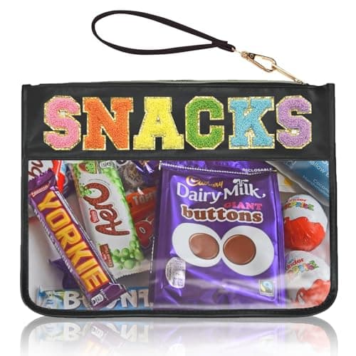 Burskit Snacks Bag Clear Chenille Varsity Letter Zipper Pouch Travel Makeup Bag Aesthetic Storage Organizer Pouches for Women with Glitter Patch Letters (Black-Snacks) - Image 1
