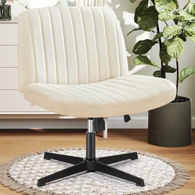 DUMOS Criss Cross Chair Legged Office Wide Comfy Desk Seat, No Wheels Armless Computer Task Seating, Swivel PU Leather Vanity Home Height Adjustable - Image 1