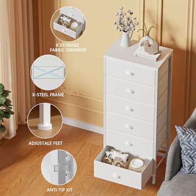 Furnulem White Tall Dresser for Bedroom,Vertical Storage Tower Unit and End Table with 6 Fabric Drawers, Nightstand Furniture with Drawer Organizer in Living Room,Closet,Entryway,Hallyway - Image 6