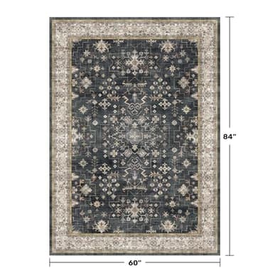 Black Boho Living Room Rug 5x7, Washable Dark Vintage Moody Low Pile Non Slip Carpet for Bedroom, Dinning Room, Office, Farmhouse, Retro Area Rug Indoor Decor (5x7 Black/Multi) - Image 2
