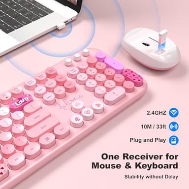 MOFII Wireless Keyboard and Mouse Combo, Full Size 2.4G Plug and Play Typewriter Retro Round Computer Keyboard and Mouse Set for Windows, Computer, Desktop, PC, Notebook - (Pink Colorful) - Image 2