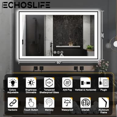 EchosLife 60x36 LED Mirror for Bathroom - Black Aluminum Framed (Front and Backlit),Anti-Fog Bathroom Mirror with Lights, Stepless Dimmable Lighted Mirror,3 Colors Smart Mirror(Horizontal/Vertical) - Image 3