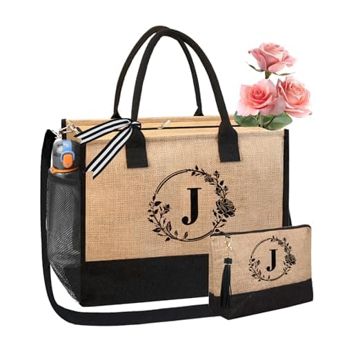 BeeGreen Personalized Gifts for Women Beach Bag Teacher Bag Initial Jute Tote with Zipper Closure Embroidery Large Birthday Gifts for Friends Mother Bride J, Natural and Black - Image 1