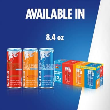 Red Bull Energy Drink Sugar Free Variety Pack, Red, Amber, and Sea Blue, with 80mg Caffeine, Taurine & B Vitamins, 8.4 fl. oz., 2 x 12 pack, 24 Cans Case - Image 6