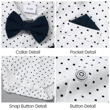 YALLET Baby Boy Clothes Suit, Infant Gentleman Outfits Dress Shirt+Bowtie+Beret Hat+Detachable Suspender Pants（Dots, 3-6 Months） - Image 3
