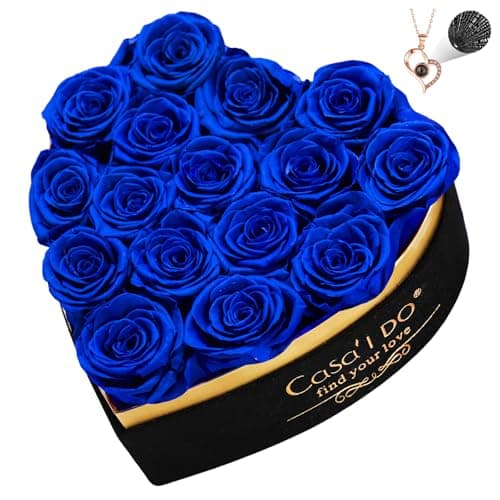 Casaido Preserved Roses Flowers for Delivery 16 Pcs, Forever Flores in Heart Box with Necklace, Eternal Rose Anniversary Birthday Gift for Women Wife Girlfriend, Rosas for Valentines Christmas, Blue - Image 1