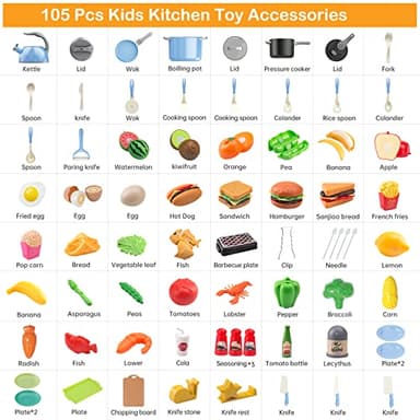 Zero Zoo 105Pcs Kids Kitchen Toy Accessories, Toddler Pretend BBQ Camping Cooking Playset, Play Pots, Pans, Utensils Cookware Toys, Play Food Set, Vegetables, Learning Gift for Girls Boys - Image 2