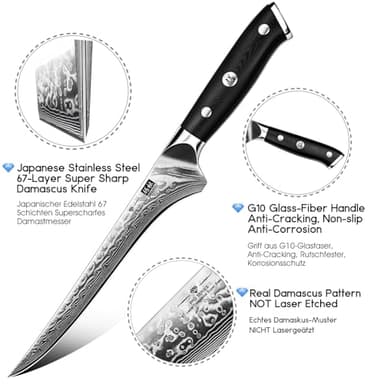 SHAN ZU 7 Inch Fillet Knife, Japanese Steel Damascus Boning Knife, Professional Sharp High Carbon Super Steel Kitchen Utility Knife with Ergonomic G10 Glass Fiber Handle - Image 2