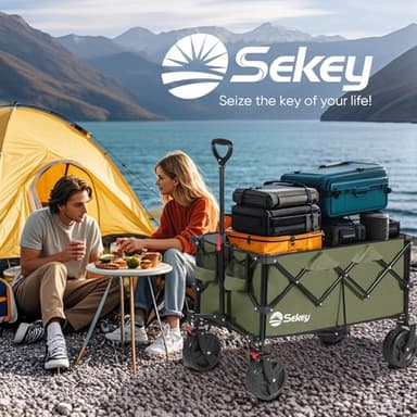 Collapsible Wagon Cart with Big All-Terrain Beach Wheels, Foldable Heavy Duty Wagons with Cup Holders, Utility Carts for Camping, Garden, Outdoor, Grocery, Sports. Khaki - Image 7