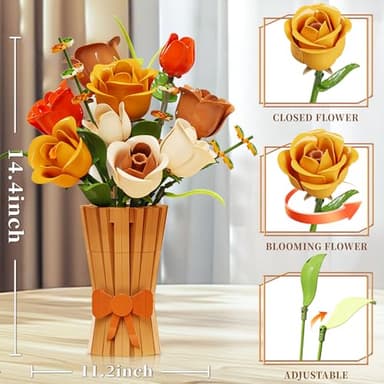 Flowers Set with Vase for Adults Compatible with Lego Flowers, Icon Roses Bouquet Botanical Collection Kits Artificial Flower Set, Valentines Day Gifts for Her Him Kids 14+, Home Office Decorations - Image 4