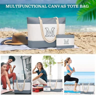 Becokan Initial Beach Bag Waterproof Canvas Beach Tote Bag Zipper Personalized Gifts for Women Her Birthday Travel Essentials (M, Dark Grey 2 pcs) - Image 7
