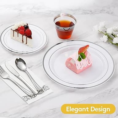 Goodluck 175 Piece Silver Dinnerware Set for 25 Guests, Plastic Disposable Plates for Party, Includes Dinner and Dessert Plates, Paper Napkins, Cups, Silverware Set - Image 3