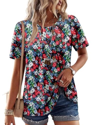 Angerella Ladies Shirts Flowy Summer Stretchy Daily T-Shirts Chiffon Floral Top Spring Summer 2025 Short Sleeve Trendy Crew Neck Dressy Casual Business Tunic Pleated Blouses XL - Image 4