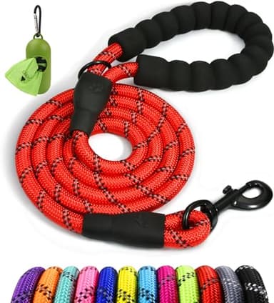 Taglory Rope Dog Leash 5 FT with Comfortable Padded Handle, Highly Reflective Threads Leash for Small Dogs, 3/8 inch, Red - Image 1