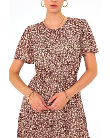 PRETTYGARDEN Women's Summer Casual Short Flutter Sleeve Round Neck Smocked Waist Tiered Boho Floral Flowy Maxi Dress(Floral Red Brown,X-Large) - Image 5