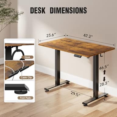 Veken 47.2" Standing Desk, Adjustable Height Office Desk with Wood Desktop, Computer Table for Home Work, Study and Gaming, Small Spaces, Modern Furniture，Brown - Image 3