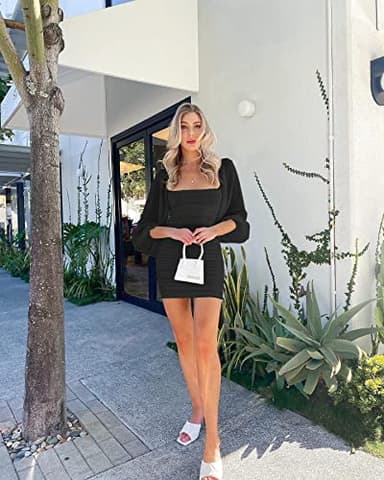 Wenrine Women's Mesh Long Sleeve Square Neck Ruched Party Club Cocktail Bodycon Mini Dress Black - Image 5
