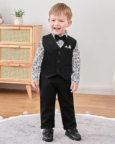 YALLET Baby Boy Clothes Suit 0-24 Months Infant Gentleman Outfits Formal Dress Shirt+Bowtie+Vest+Pants Set Baby Wedding Suits Black - Image 2