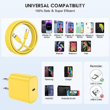 6ft iPhone Fast Charging Cable, 20W USB C Wall Charger With Type C to Lightning Cord for iPhone 14/13/12/11 Pro Max Plus, iPad - 2Pcs Yellow - Image 7