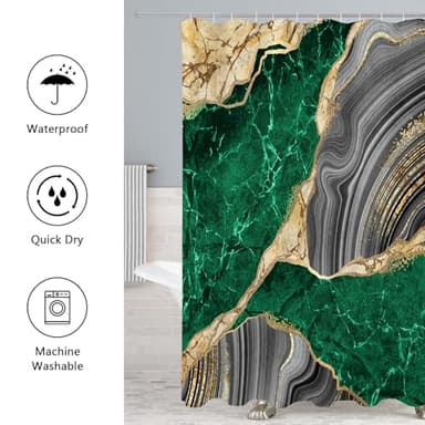 Gibelle 4 Pcs Marble Shower Curtain Set with Non-Slip Rugs, Toilet Lid Cover and Bath Mat, Luxury Emerald Green Bathroom Decor Set with Shower Curtain and Rugs and Accessories - Image 5
