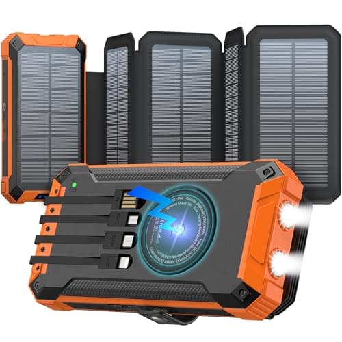 GOODaaa Power Bank Wireless Charger 36800mAh Solar Charger with Five Solar Panels Built-in Four Cable Five Outputs Portable Power Bank for Cell Phone with Dual Flashlights, Carabiner - Image 1