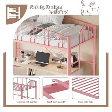 GarveeHome Loft Bed Twin Size, Heavy Duty Metal Loft Bed Frame with Arched Guardrail and Safety Ladder, Space-Saving, No Box Spring Needed, Pink - Image 5