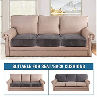 H.VERSAILTEX Velvet Stretch Couch Cushion Cover Plush Cushion Slipcover for Chair Loveseat Sofa Cushion Furniture Protector Seat Cushion Sofa Cover (3 Piece Sofa Cushion Covers, Grey) - Image 3
