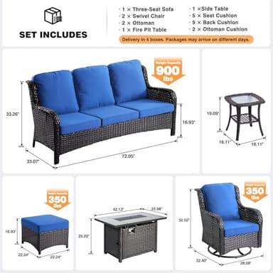 ovios 7-Pieces Patio Furniture Set with 42 Inch Fire Pit Table Swivel Chairs, Outdoor Wicker Sofa Couch Gliders Rocker, Modern High Back Conversation Set, Brown Rattan, Navy Blue - Image 8