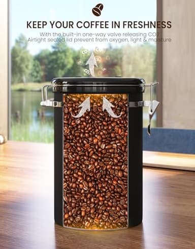 HAIOOU Large Coffee Canister, 38OZ Oversized Stainless Steel Coffee Bean Storage Container with Date Tracker, Measuring Scoop, CO2 Releasing Valves for Beans, Grounds and more - Black - Image 2