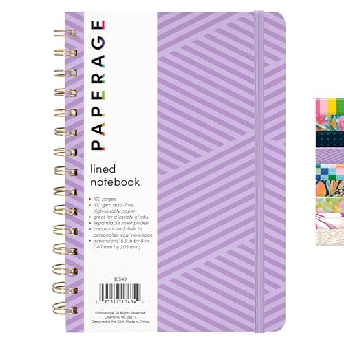 PAPERAGE Lined Spiral Journal Notebook, (Geometric Lavender), 160 Pages, Hardcover Journal for Women & Men, Medium 5.5 in x 8 in - 100 GSM, Thick Paper, Spiral Notebook for Work, School & Journaling - Image 1