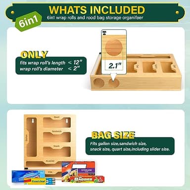 KOCWELL Bag Organizer and Plastic Wrap Dispenser with Cutter, 6 In 1 Bamboo Foil and Plastic Wrap Organizer for Kitchen Drawer, Food Storage Bag Organizer for Gallon,Quart,Sandwich,Snack(Yellow) - Image 7