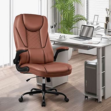 Guessky Big and Tall Office Chair with Flip-Up Arms High Back Desk Leather Office Chair with Lumbar Support, Brown - Image 8