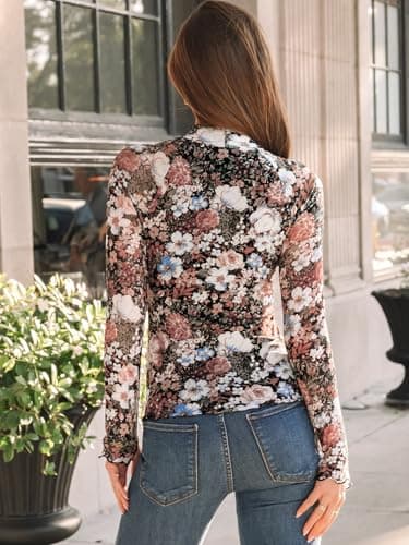 Dealmore Lace Sheer Long Sleeve Floral Mesh Mockneck Trendy Cute Going Out Tops for Women Fall Fashion Outfits 2025 Clothes Floral Fierce S - Image 4