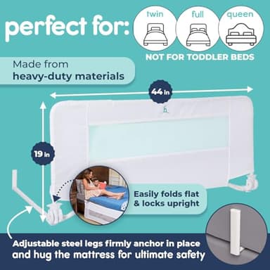 hiccapop 44" x 19" Bed Rail for Toddlers, Heavy-Duty Safety Bed Rail for Twin, Full, Queen Beds, Soft Mesh Cover & Swing-Down Design, Easy No-Tool Installation (White) - Image 3
